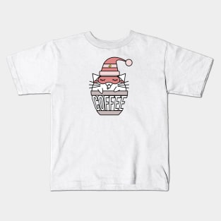 Cat in coffee cup with warped text sleeping pink Kids T-Shirt